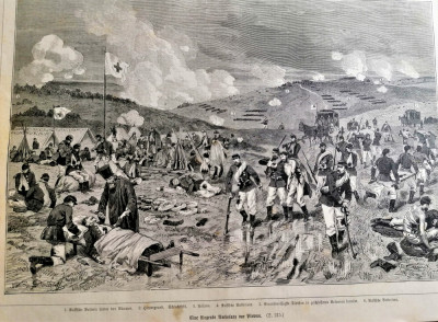 Gravura/litografie rara cu batalia de la Plevna/ soldati raniti (Razboiul 1877) foto