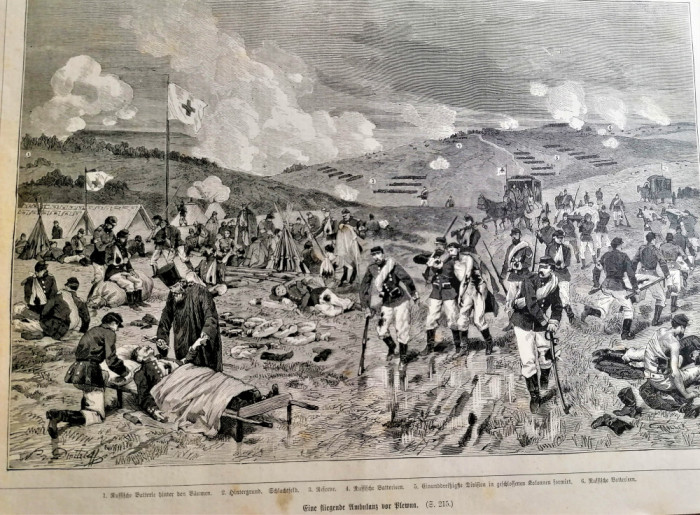 Gravura/litografie rara cu batalia de la Plevna/ soldati raniti (Razboiul 1877)