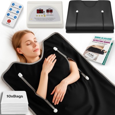Termocuverta tip Sauna cu Doua Zone Infrarosu, LINOMAG&amp;reg;, 10 Folii Impachetari, Ardere Grăsimi, Relaxare, Detoxifiere, 35&amp;deg;C-80&amp;deg;C, Negru, 180x80cm foto