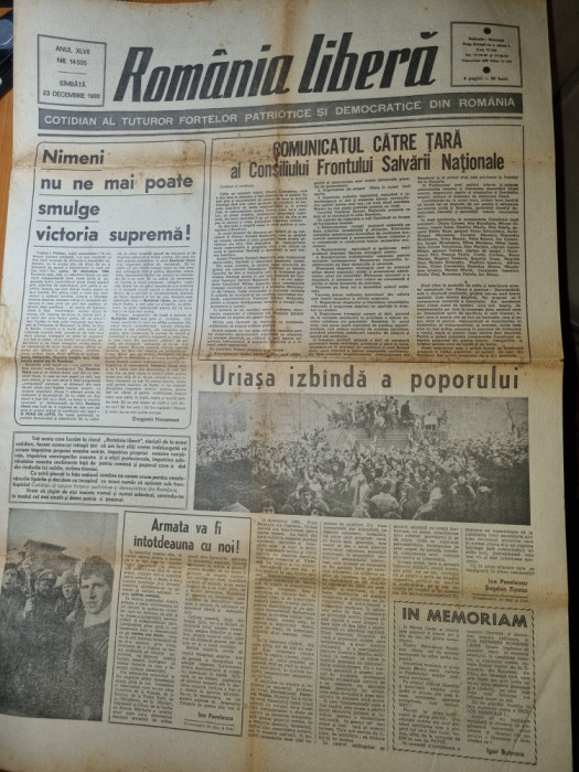 romania libera 23 decembrie 1989 - revolutia romana,prima aparitie dupa comunism