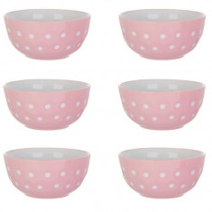 Set format din 6 boluri de servit din ceramica pentru supa, de culoare roz cu buline albe, 680 ml