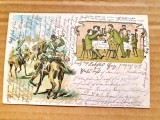 H412-I-Carte Postala militara comica veche-Gornist chemand la lupta militarii din carciuma anii 1900, 1889 sau 1899 litografie color stare buna.