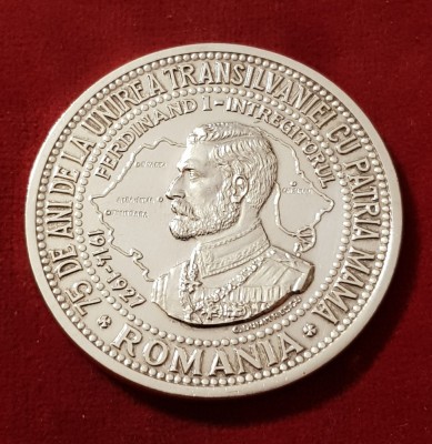 75 DE ANI DE LA UNIREA TRANSILVANIEI CU PATRIA MAMĂ-1993-MEDALIE-ARGINT 800- foto