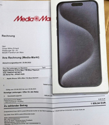 iPhone 15 Pro Max, 1TB, 5G, Blue Titanium sigilat, factura foto