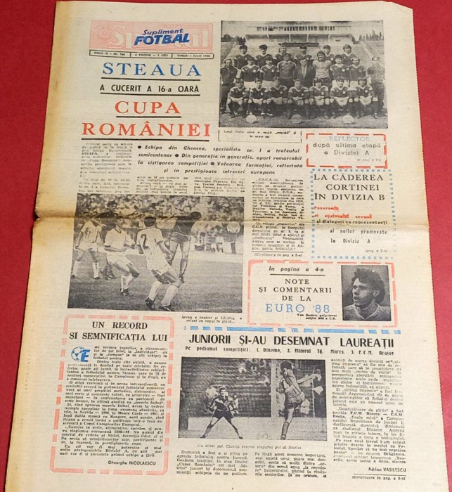 Ziarul Sportul Supliment FOTBAL 01.07.1988 (Steaua Bucuresti-Castiga Cupa Romaniei)