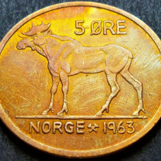 Moneda 5 ORE - NORVEGIA, anul 1963 * cod 1657 = patina super!