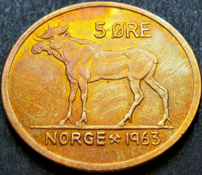 Moneda 5 ORE - NORVEGIA, anul 1963 * cod 1657 = patina super! foto