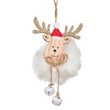 Ornament Brad Crăciun, Cerb Lemn, Glitter Auriu, Pompon Alb, Clopoței, 17 cm, Oem