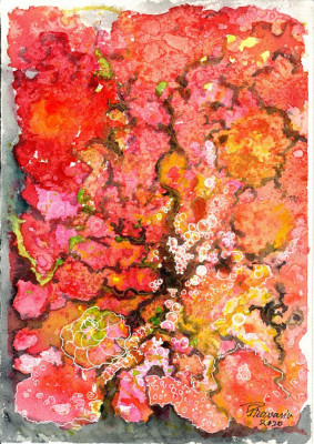E111. Tablou original, Abstract pe fond rosu, acuarela, neinramat, 21x29 cm foto