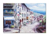 Cumpara ieftin Tablou pictat manual living, Peisaj mediteranean, colt de rai, 100x70cm ulei pe panza in cutit efect 3D, gata de agatat pe perete