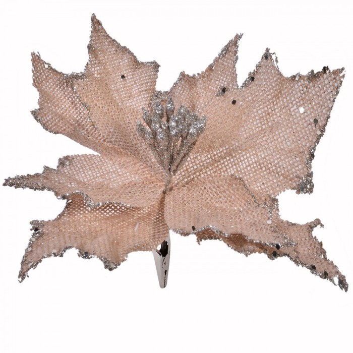 Ornament Crăciun, Floare Clips, Bej, Glitter Argintiu, 25cm