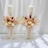 Set lumanari personalizabile,din ceara naturala, tip fagure, pentru nunta sau botez cu aranjament frontal cu trandafiri criogenati si plante naturale, Eventissimi&reg;