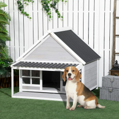 PawHut Casa pentru caini din lemn in aer liber cu veranda, casuta rezistenta la intemperii pentru animale de companie cu acoperis din PVC, picioare ri
