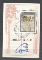 Nicaragua 1989 Paintings, Militaria, Philex France, perf. sheet, used AJ.039