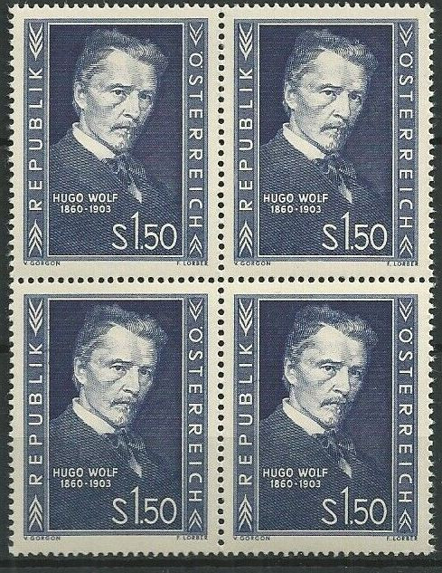 AUSTRIA 1953 - COMEMORARI , COMPOZITOR , HUGO WOLF BLOC DE 4 NESTAMPILAT