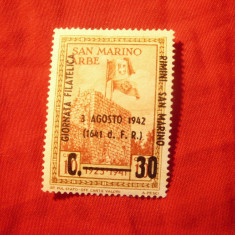 Serie 1 valoare San Marino 1942 Ziua Filateliei supratipar 3 aug 1942, sarniera