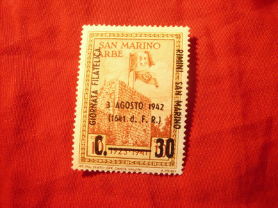 Serie 1 valoare San Marino 1942 Ziua Filateliei supratipar 3 aug 1942, sarniera foto