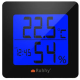 Termometru si higrometru de camera, 5 in 1, LCD, alb si negru, 1xAA, 9.5x4x9.5 cm, Ruhhy GartenVIP DiyLine, Isotrade