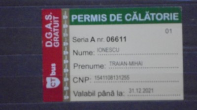 BILET, PERMIS DE CALATORIE PE AUTOBUZE GRATUIT, PENSIONARI - CT BUS CONSTANTA - foto