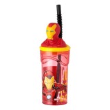 Pahar cu capac si pai pentru bauturi,Iron Men 3D,plastic,rosu,360 ml, Oem