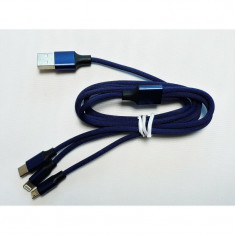 Cablu Incarcare si Date 3 in 1 MicroUSB USB-C Lightning Textil Albastru foto