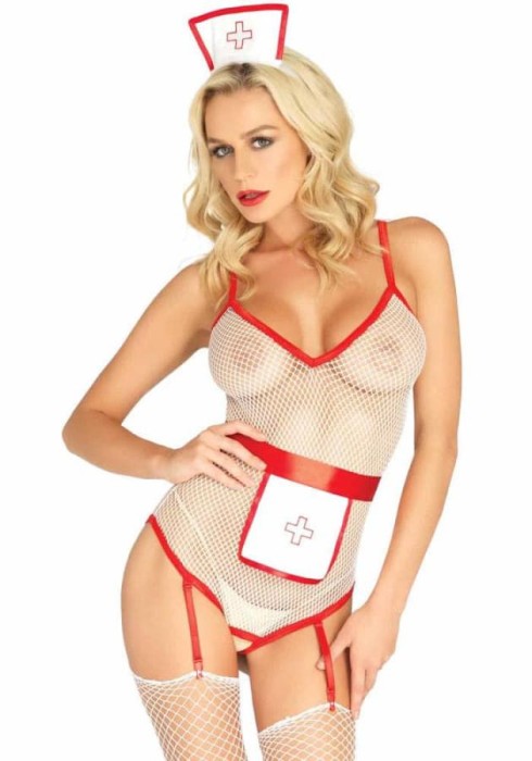 Costum Asistenta Sexy, Alb Cu Rosu, Marime Universala