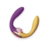Stimulator 3 &icirc;n 1 ACTION Two Lovers, design ergonomic, 10 funcții de vibrație, 7 moduri de mișcare, 7 moduri de stimulare cu aer, galben și mov, 11.7