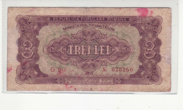 Romania 1952 3 iei 1 cifra rosie g9 028260