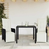 VidaXL Set bistro de grădină cu perne, 3 piese, negru, poliratan