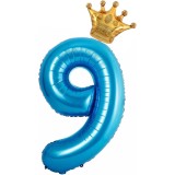 Balon din folie metalizata flippy, figurina cifra si coroana, tema aniversare 100 cm, ambalaj individual, pai inclus, umflare cu aer sau heliu, albast