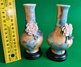 Vase ornament portelan chinezesc h15 cm floare filigran curcubeu soclu lemn