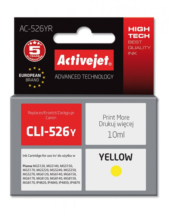 Cartus compatibil canon cli-526y yellow, 10 ml, premium activejet, garantie 5
