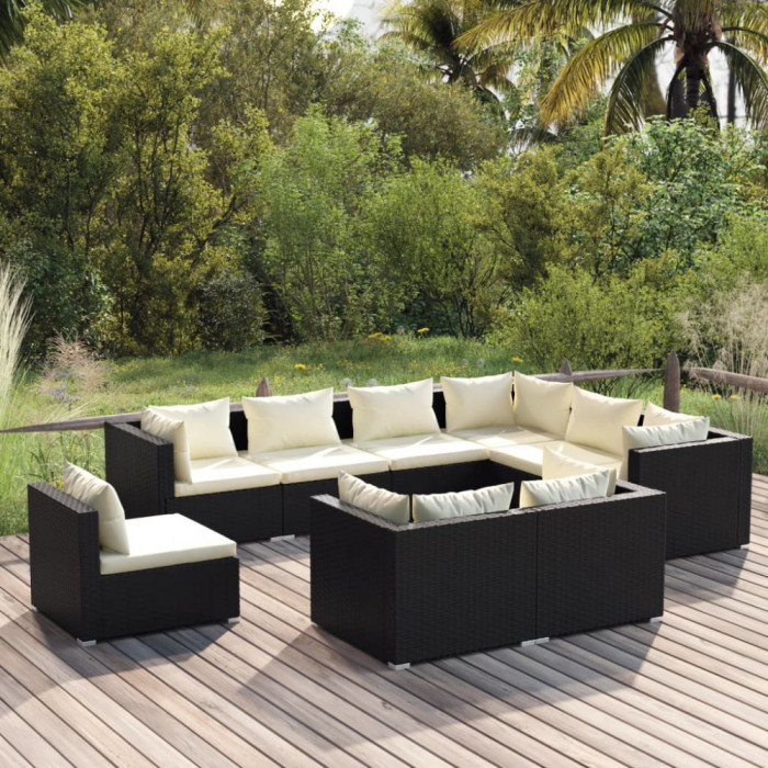 Set mobilier de gradina cu perne, 9 piese, negru, poliratan GartenMobel Dekor