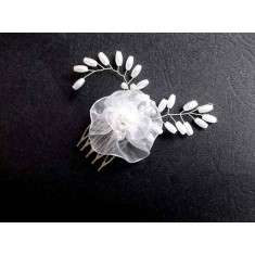 Pieptan mireasa cu perle sticla si floare organza, accesoriu nunta 34621
