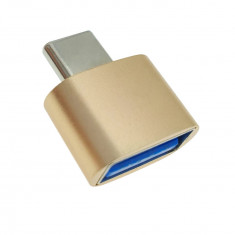 Adaptor OTG USB 2.0 mama la USB tip C tata, carcasa aluminiu, alimentare si transfer de date, auriu