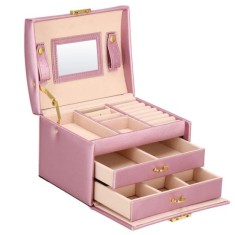 Cutie pentru bijuterii, MDF, piele ecologica si catifea, roz si bej, cu oglinda, 17.5x14x12.5 cm, Springos GartenVIP DiyLine foto