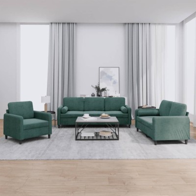 vidaXL Set canapea cu perne, 3 piese, verde &amp;icirc;nchis, catifea 3201956 foto