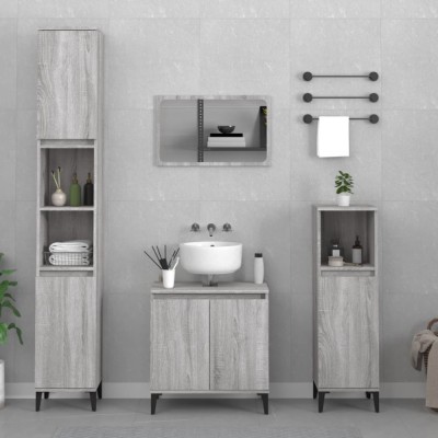 Set mobilier de baie, 3 piese, gri sonoma, lemn prelucrat foto