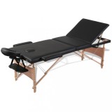Masă de masaj pliabilă vidaXL, 3 zone, negru, cadru lemn, 186x68cm, tetieră reglabilă, husă transport inclusă