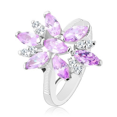 Inel de culoare argintie, floare mare din zirconii violet și transparent - Marime inel: 49 foto