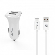 Incarcator Auto (14125) DeTech DE-C01C 12V / 5V - 2,4A 2xUSB + Cablu de Date USB Type-C (FastCharger) Alb Blister