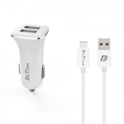 Incarcator Auto (14125) DeTech DE-C01C 12V / 5V - 2,4A 2xUSB + Cablu de Date USB Type-C (FastCharger) Alb Blister foto