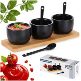 Set de 3 boluri ceramice cu lingurite pe tava din bambus, 21.5x6.5x5.5cm, Negru