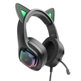 Casti Gaming Jack 3.5mm cu LED si Microfon - Hoco Cat Ears (W107) - Black / Green