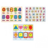 3 x Puzzle Din Lemn Montessori Cifre Alfabetul Forme Culori Si Cuvinte, Oem