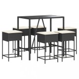 Cumpara ieftin Set bar de gradina, 7 piese, cu perne, negru, poliratan
