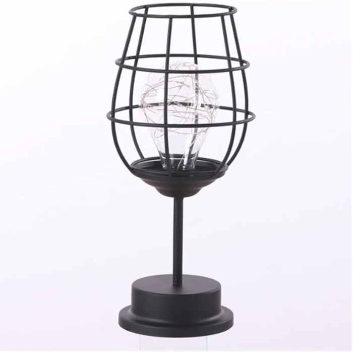 Lampa decorativa cu leduri, flippy, model pahar de vin, cu baterii, 13 x 13 x 28 cm, suport negru, lumina alb cald