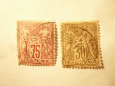 2 Timbre Franta 1876 Alegorie, 30 si 75 c stampilate foto
