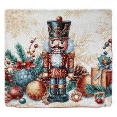 Față de Pernă Decorativă Crăciun, Model Spărgătorul de Nuci, Lurex, Culoare Ecru Roșu, Dimensiune 50x50cm, Material Poliester