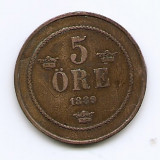 Suedia 5 Ore 1889 - Oscar II (litere mari) Bronz, 27 mm KM-757, Europa